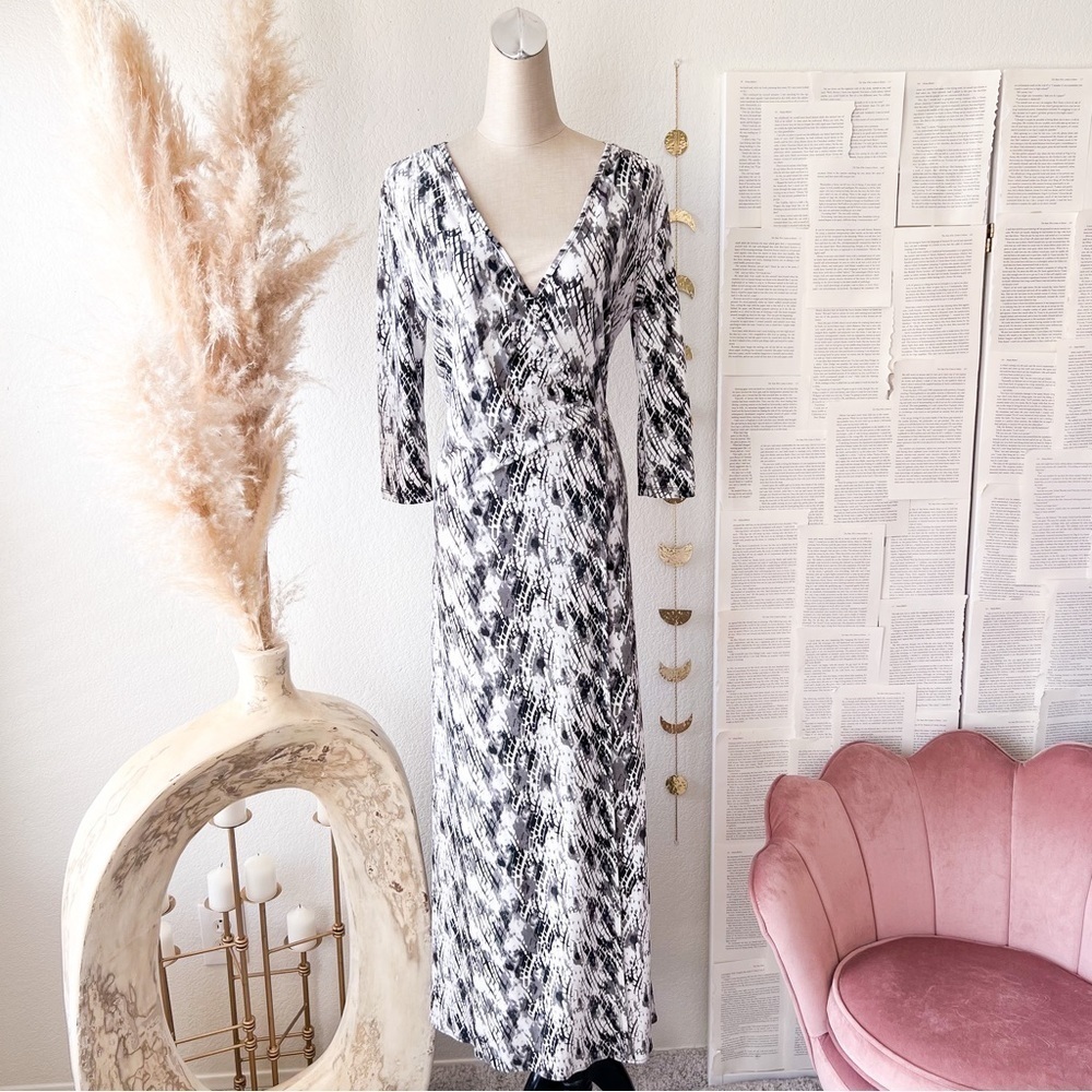 ANGL Ivory and Grey Snake Print 3/4 Sleeve Wrap Maxi Dress